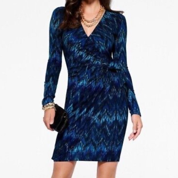 Cache Blue Zig Zag Print Faux Wrap Dress Size Medium - Picture 2 of 10